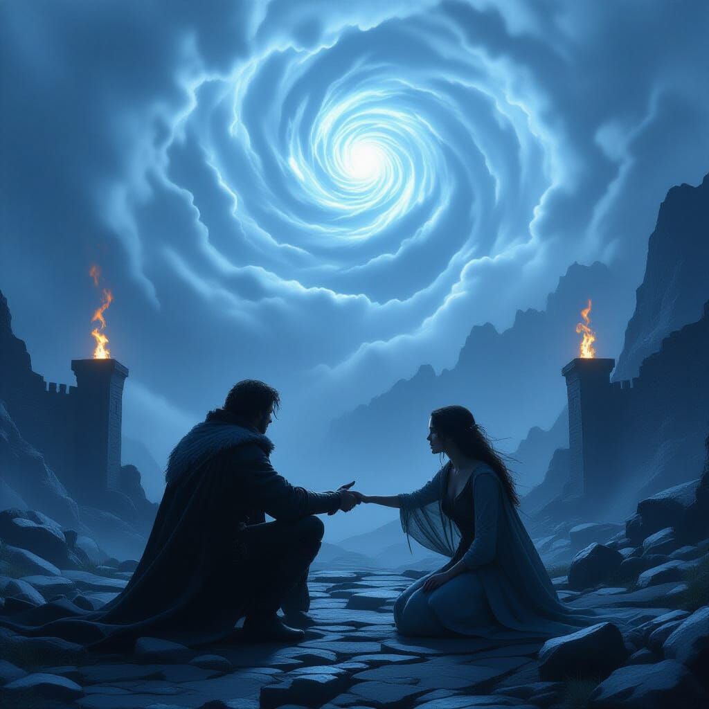 Fantasy Scene: Defiance Against Magical Storm