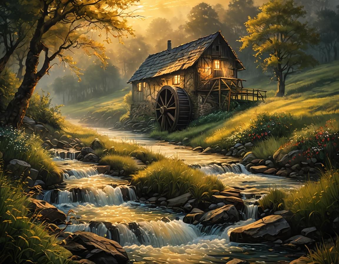 Foggy Meadow Watermill in Acrylic Painting Style
