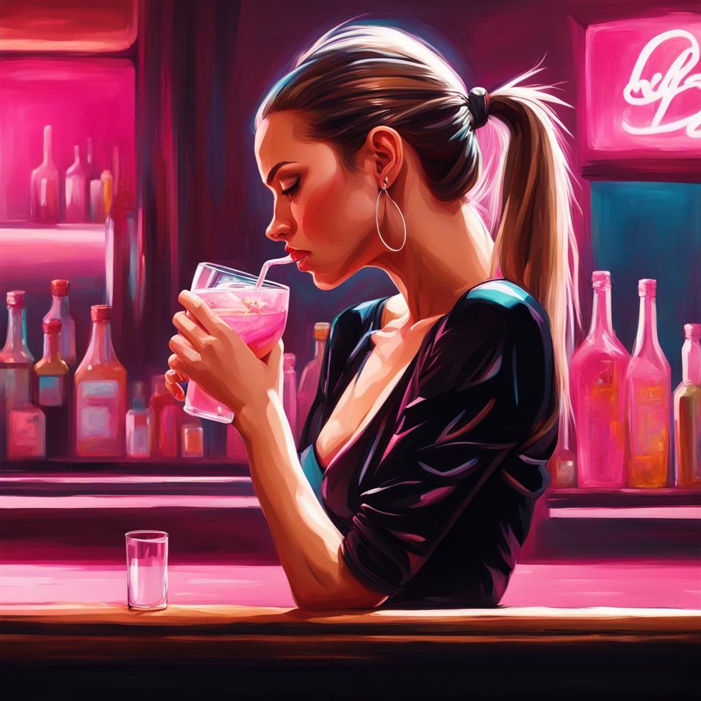 Woman in Black Dress at Bar, Hyperrealistic Splash Art