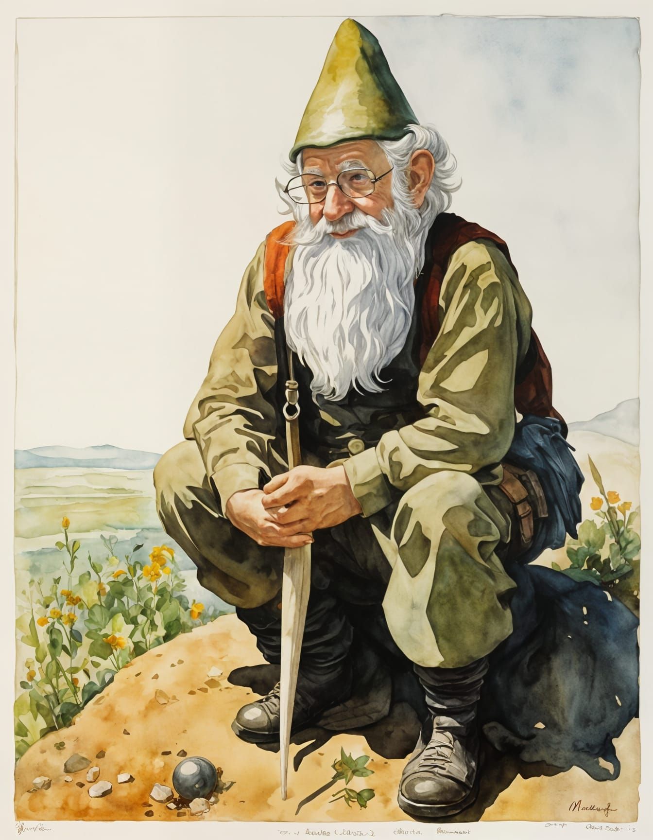 Bearded Noam Chomsky as Gnome in Watercolor