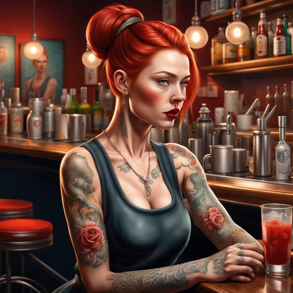 Redhead Barista with Tattoos, Hyperrealistic Splash Art