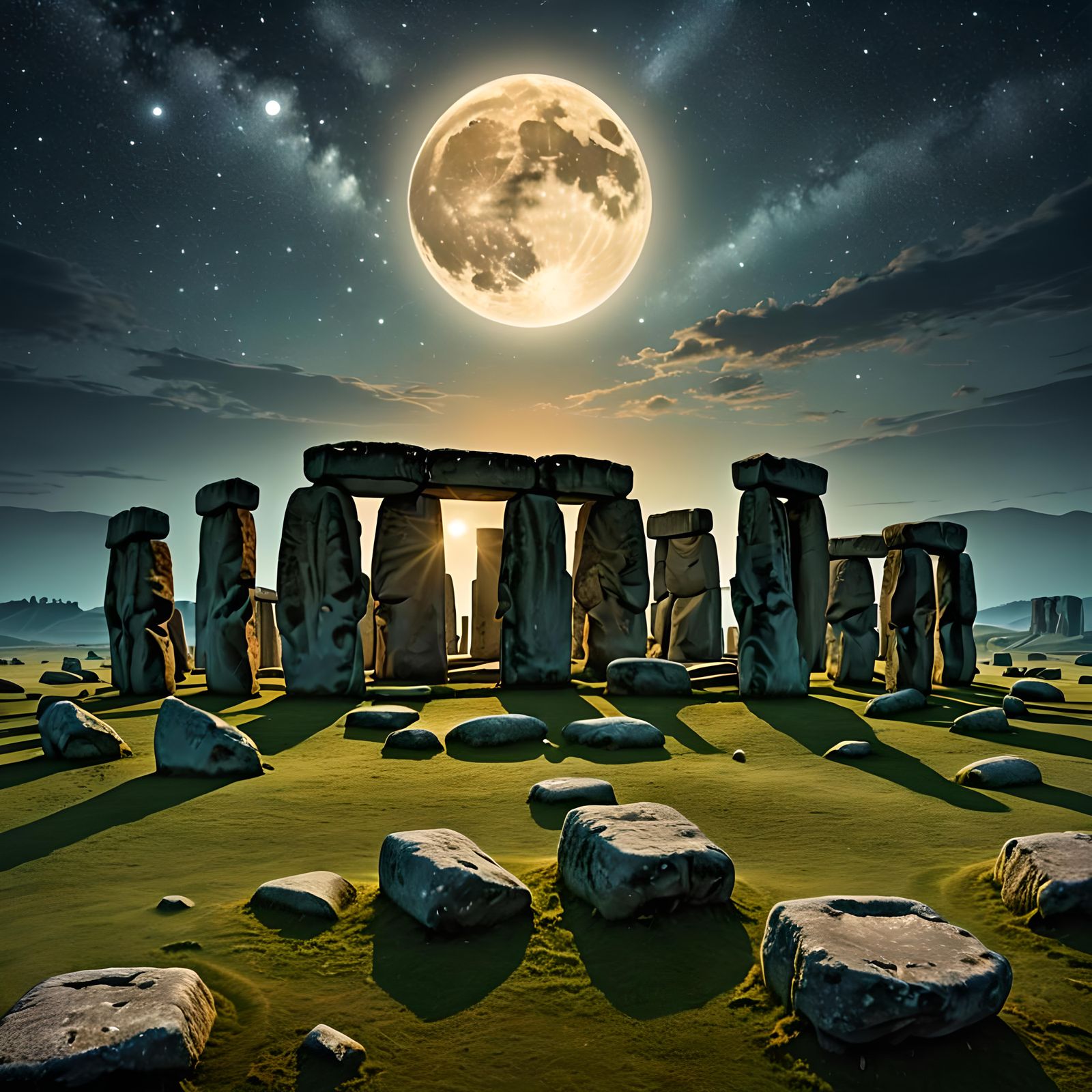 Mystical Stonehenge Under Moonlight: Mixed Media Art