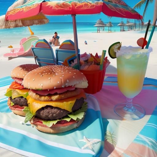 Cheeseburger, paradise, umbrella, island, margarita:1.4, (Jimmy Buffet:1.2), (beach background:2.2) highly detailed, rea...