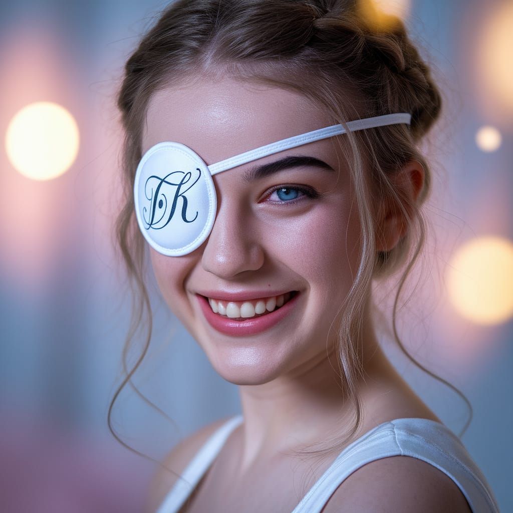 Enchanting Woman in Whimsical White Eyepatch with Elegant Le...