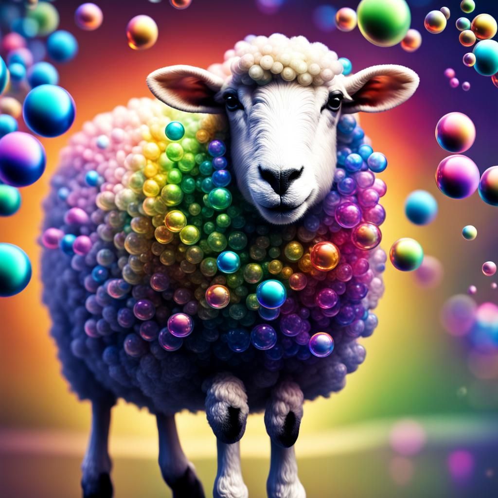 Rainbow Bubble Sheep: Hyperrealistic Digital Art