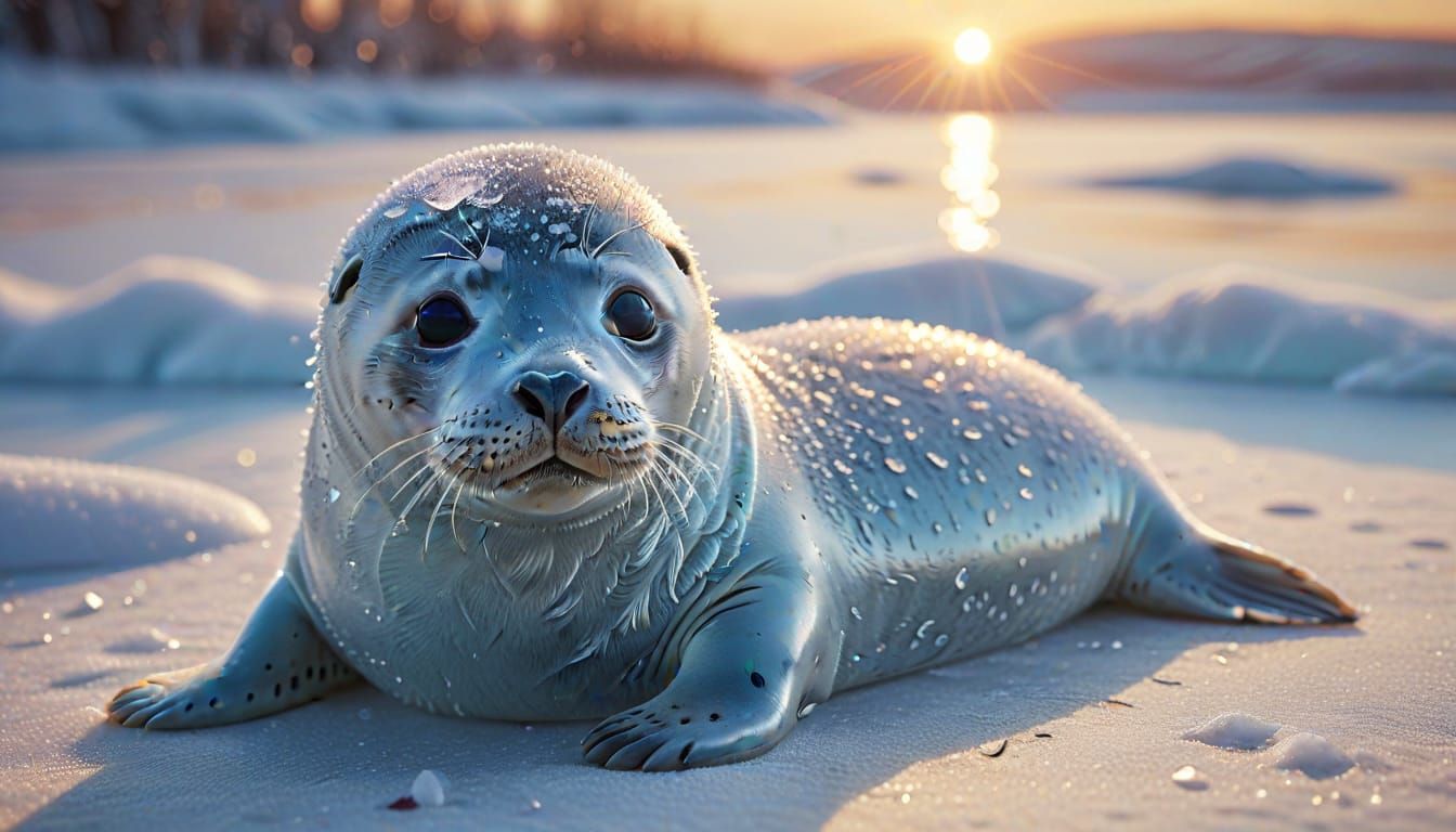 a baby seal looks for love in a fresh snow and icy wonderland along the arctic water, large detailed jack frost patterns...