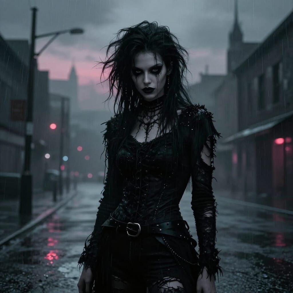 Gothic Figure in Bleak Urban Landscape