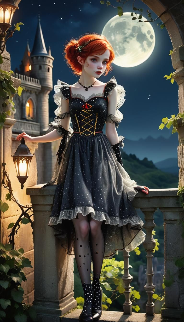Red-Haired Vampire Pixie on Balcony, Dreamlike Portrait