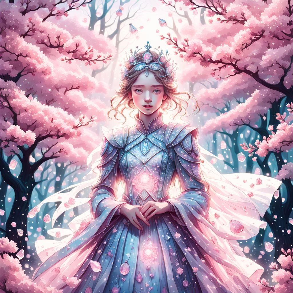 Princess Surrounded by Cherry Blossom Crystals in Dreamy For...