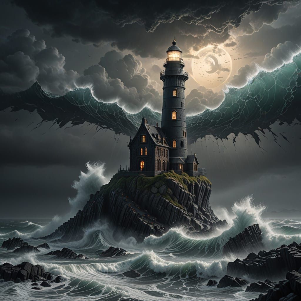 Obsidian Lighthouse on Rocky Coast in Fractured Sky