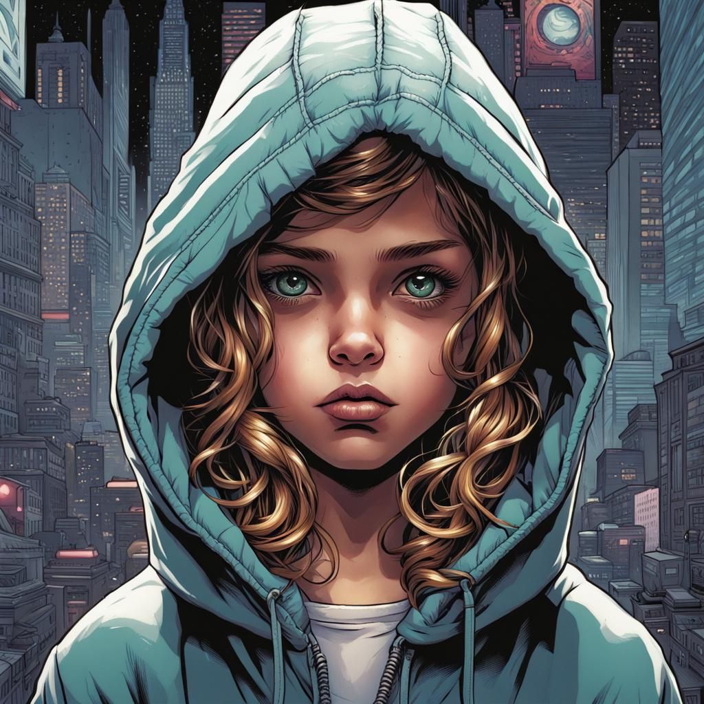 Young Girl in Hoodie: Hyperreal Comic Book Art
