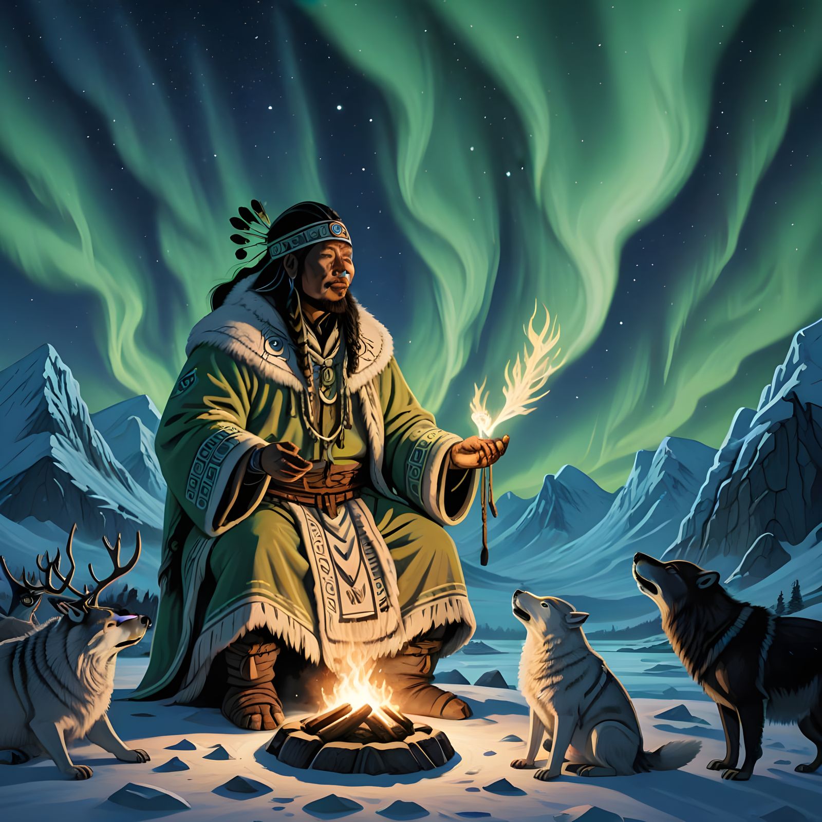 Inuit Shaman in a Spiritual Ritual under the Northern Lights
