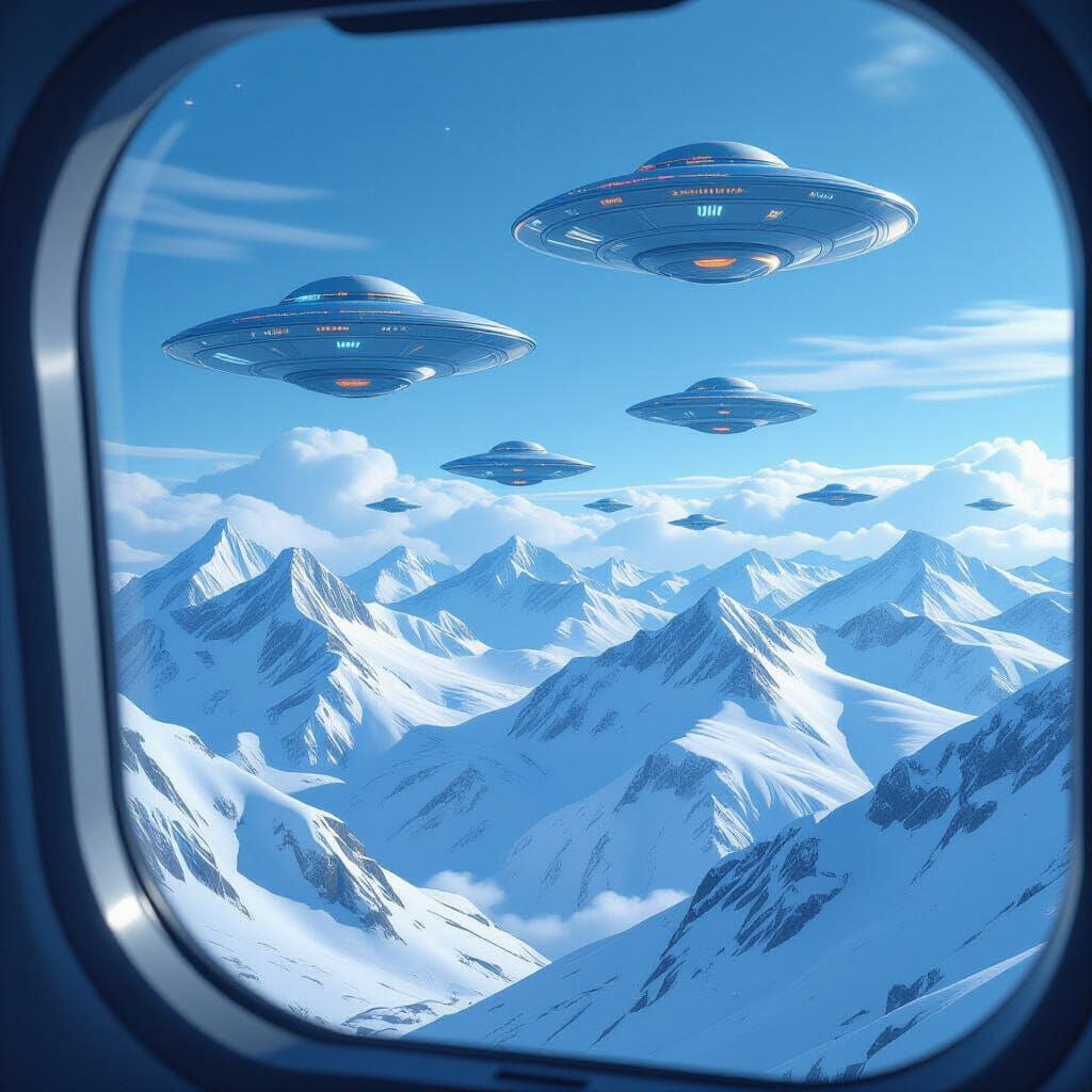 Flying Saucers Over Snowy Mountains in Futuristic Style