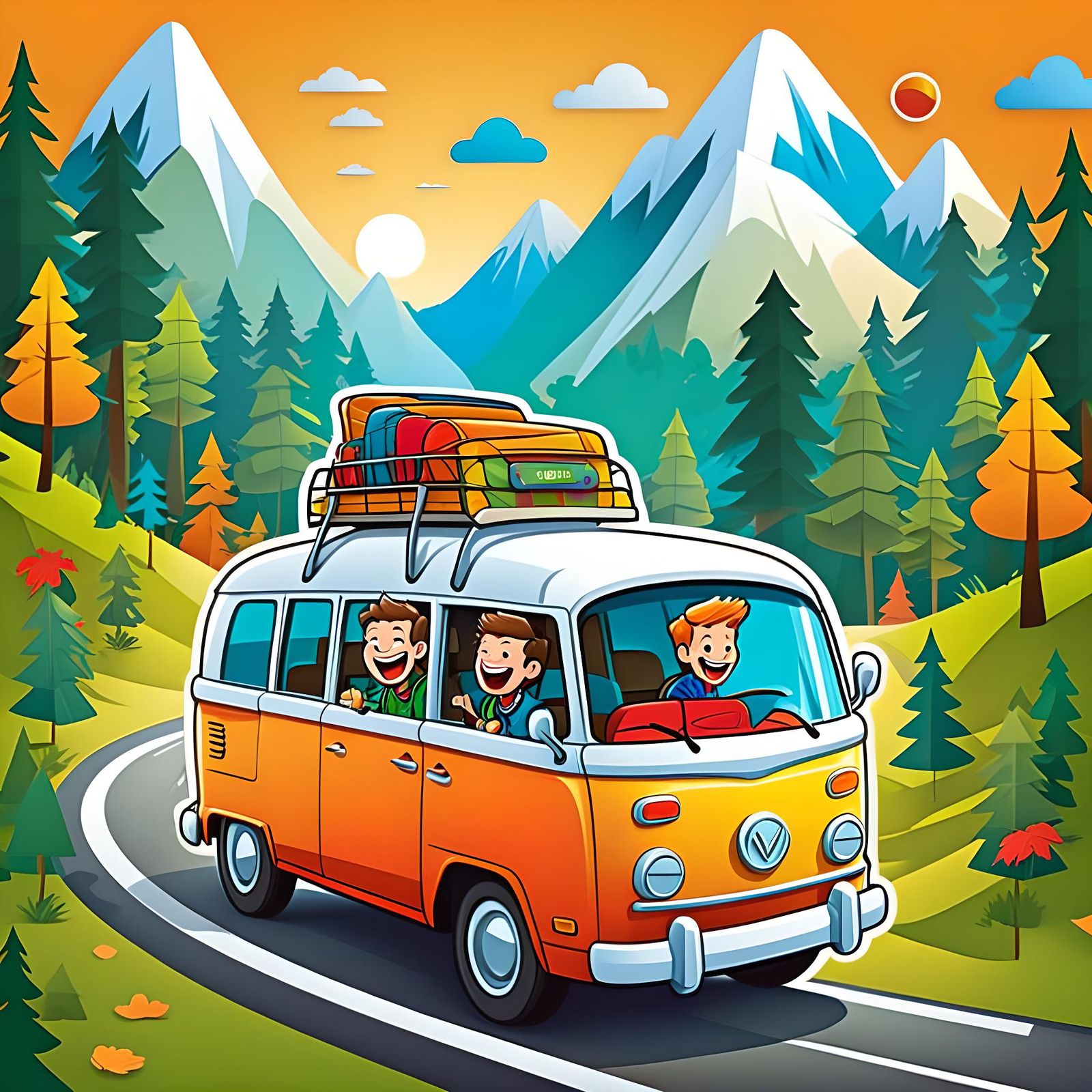 Colorful Cartoon Road Trip Adventure in Vector Art