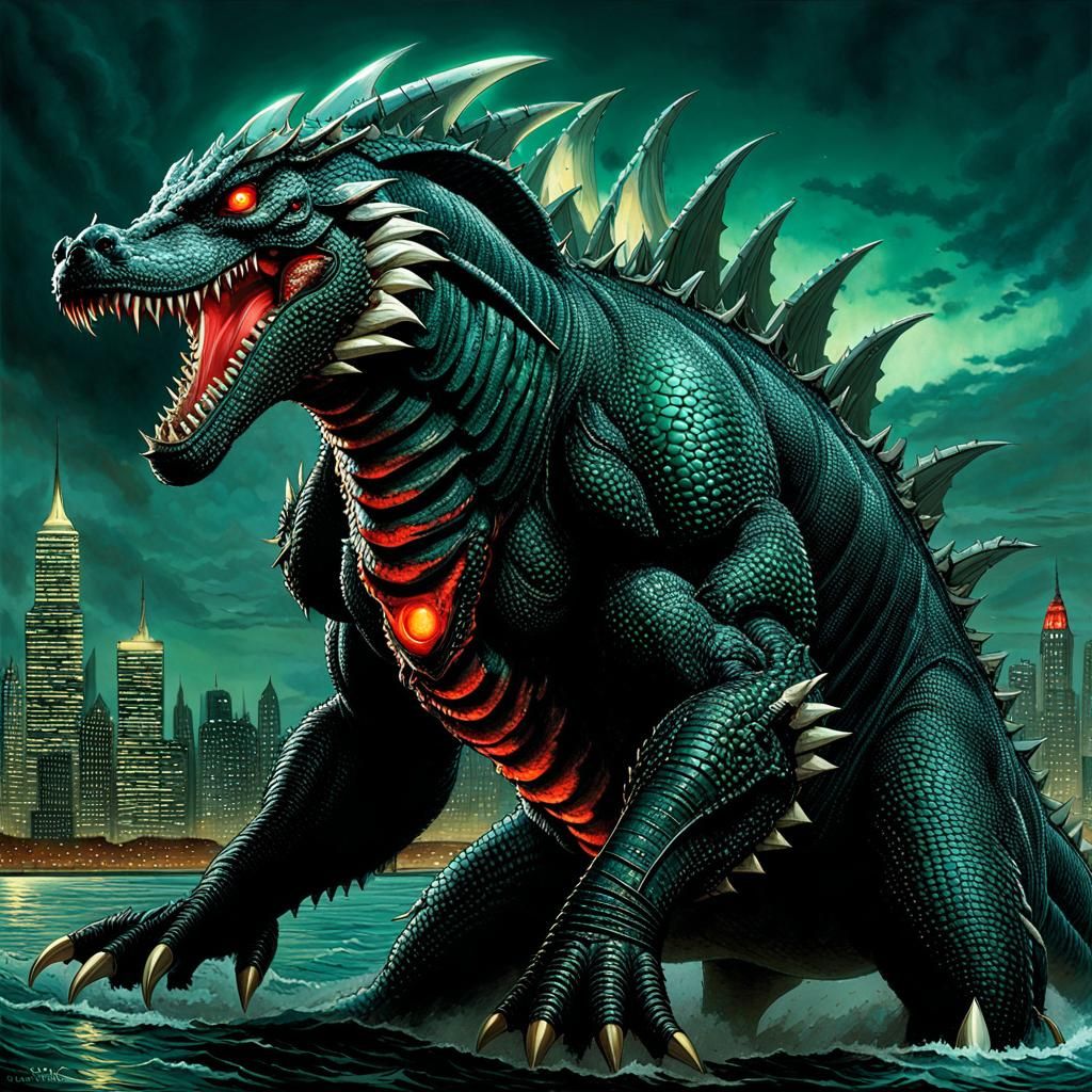 Giant Bioluminescent Kaiju Attacks City, Comic Book Art