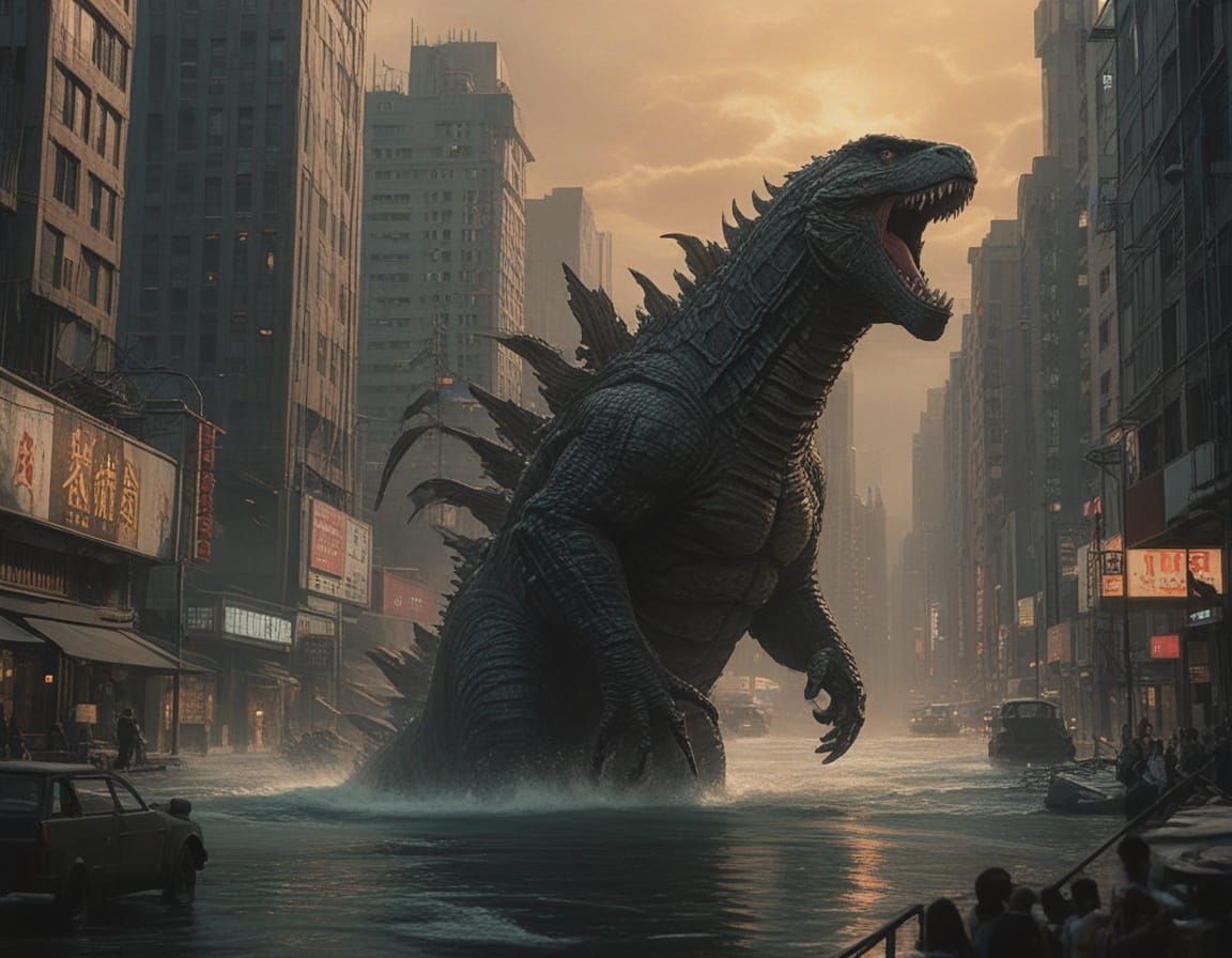 Godzilla Rises from Tokyo Bay in a Cinematic Film Still