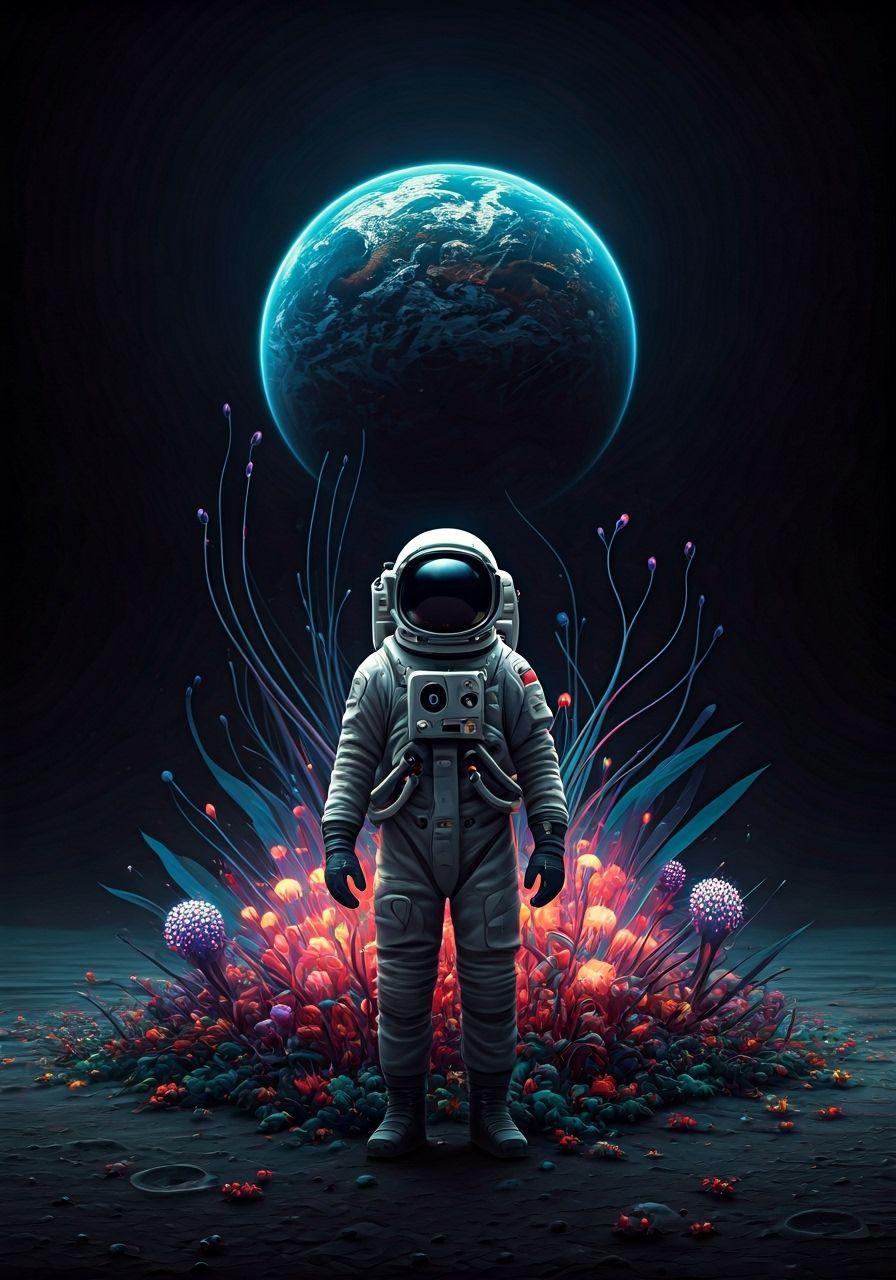 Astronaut Tends Bioluminescent Garden on Moon