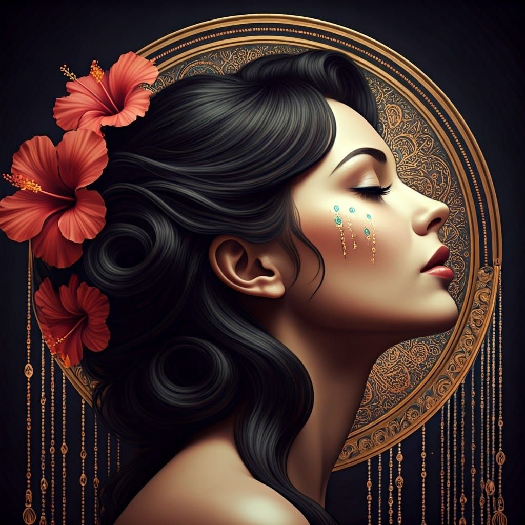 Art Deco Woman Portrait with Hibiscus and Beads