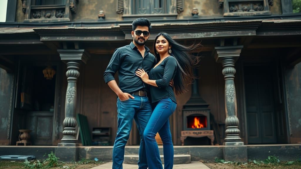 Stylish Indian Couple Posing in Dramatic Cinematic Scene