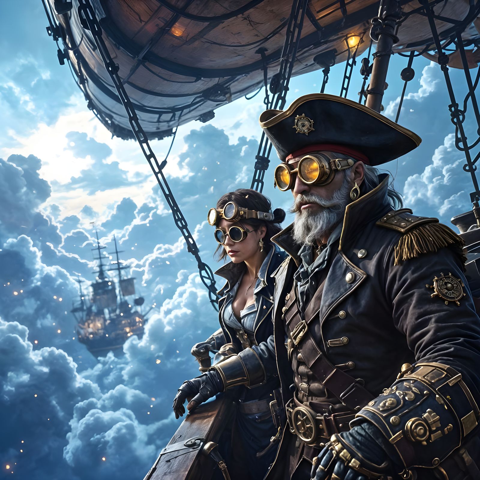 Steampunk Pirates Navigate Nebula Sky Above Forgotten City