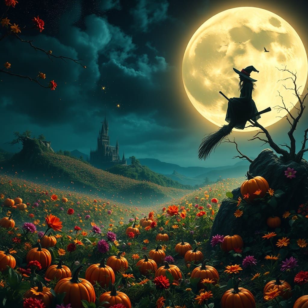 Halloween Witch Sweeping Moon in Dreamlike Meadow