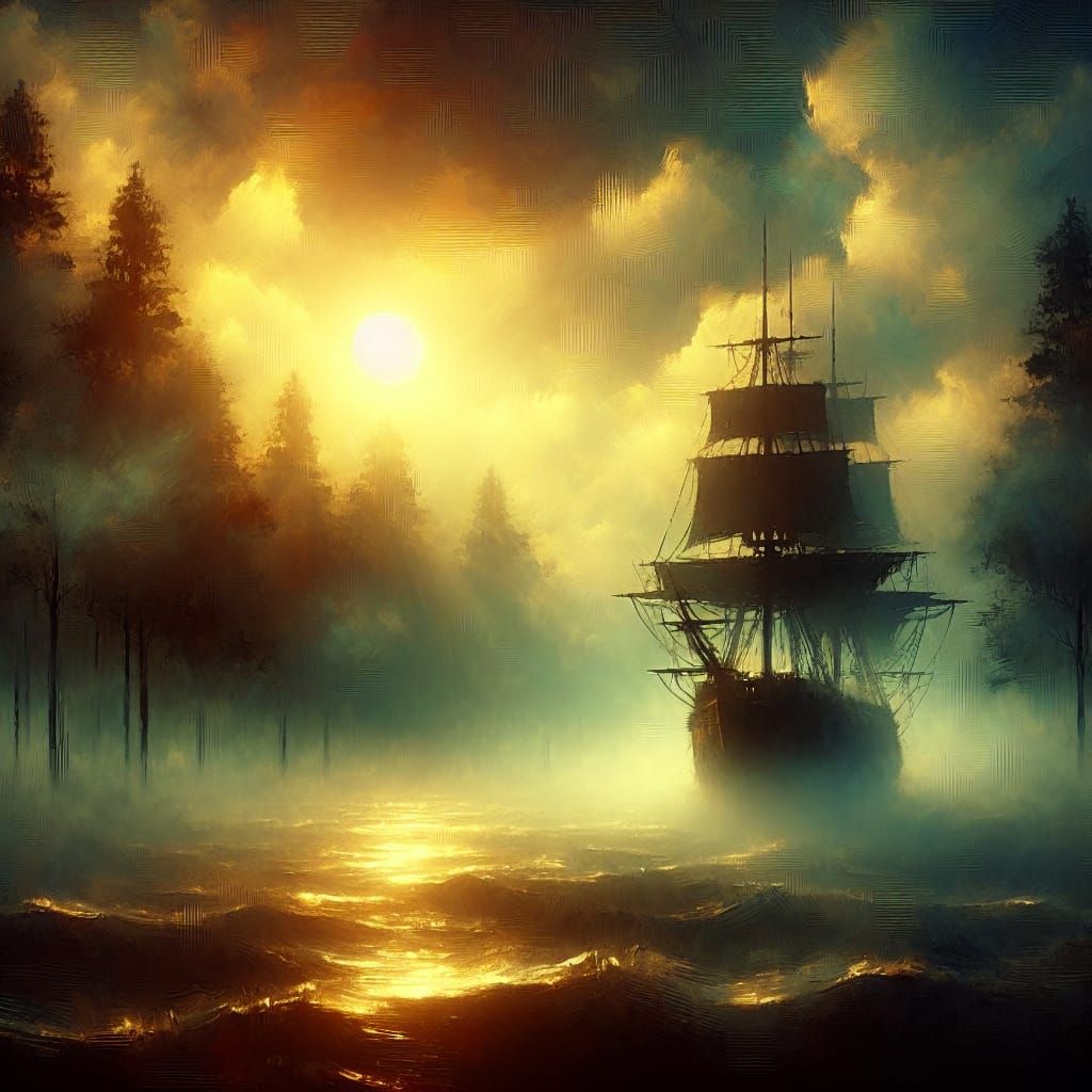 Pirate Ship Lost in Fog: Cinematic Morning Light