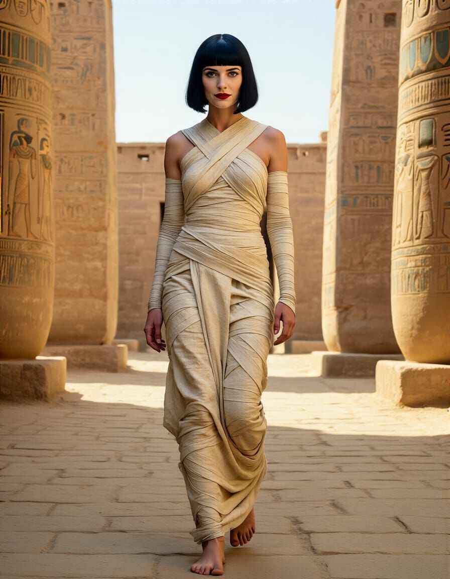 Woman in Mummy Wraps Walks Through Egyptian Castle