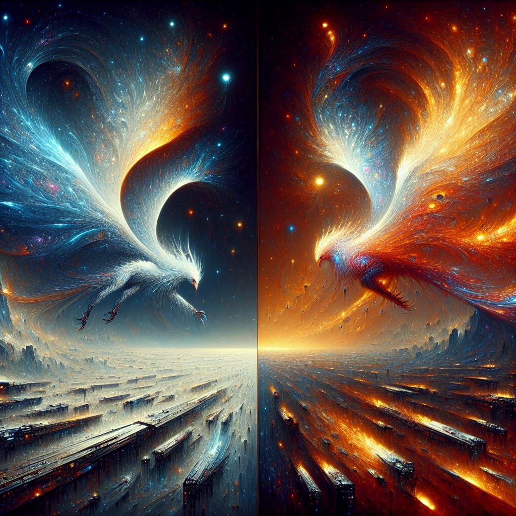 Dual Phoenixes Destroying Starships in Abstract Art