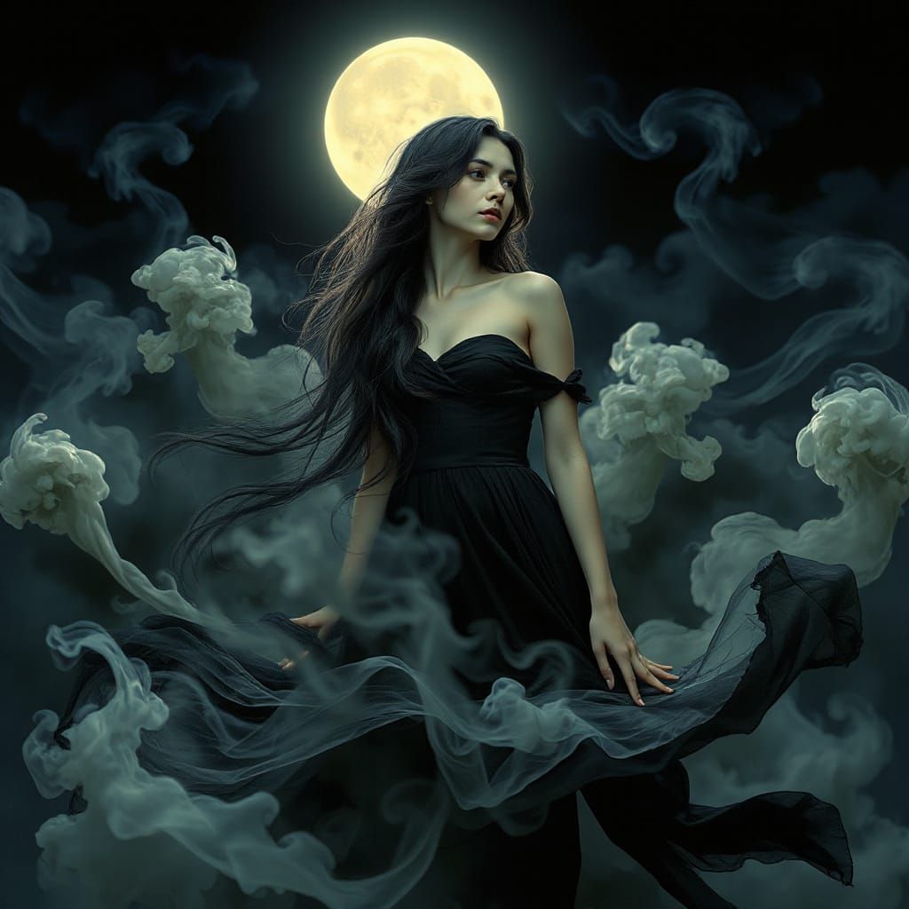 Mystical Woman Dissolves into Ethereal Smoke in Dark, Forebo...