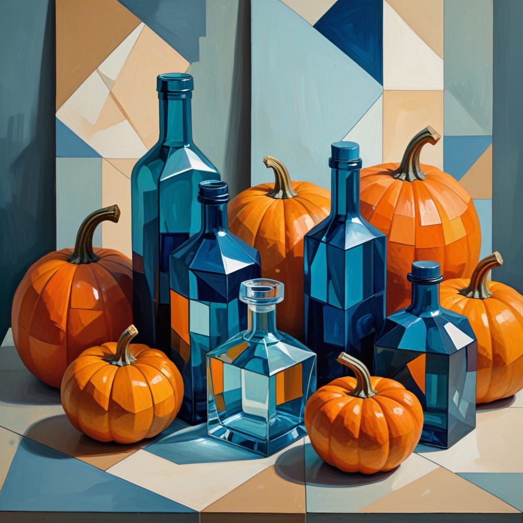 Still life with bottles and pumpkins, very geometric style, cubism, picasso