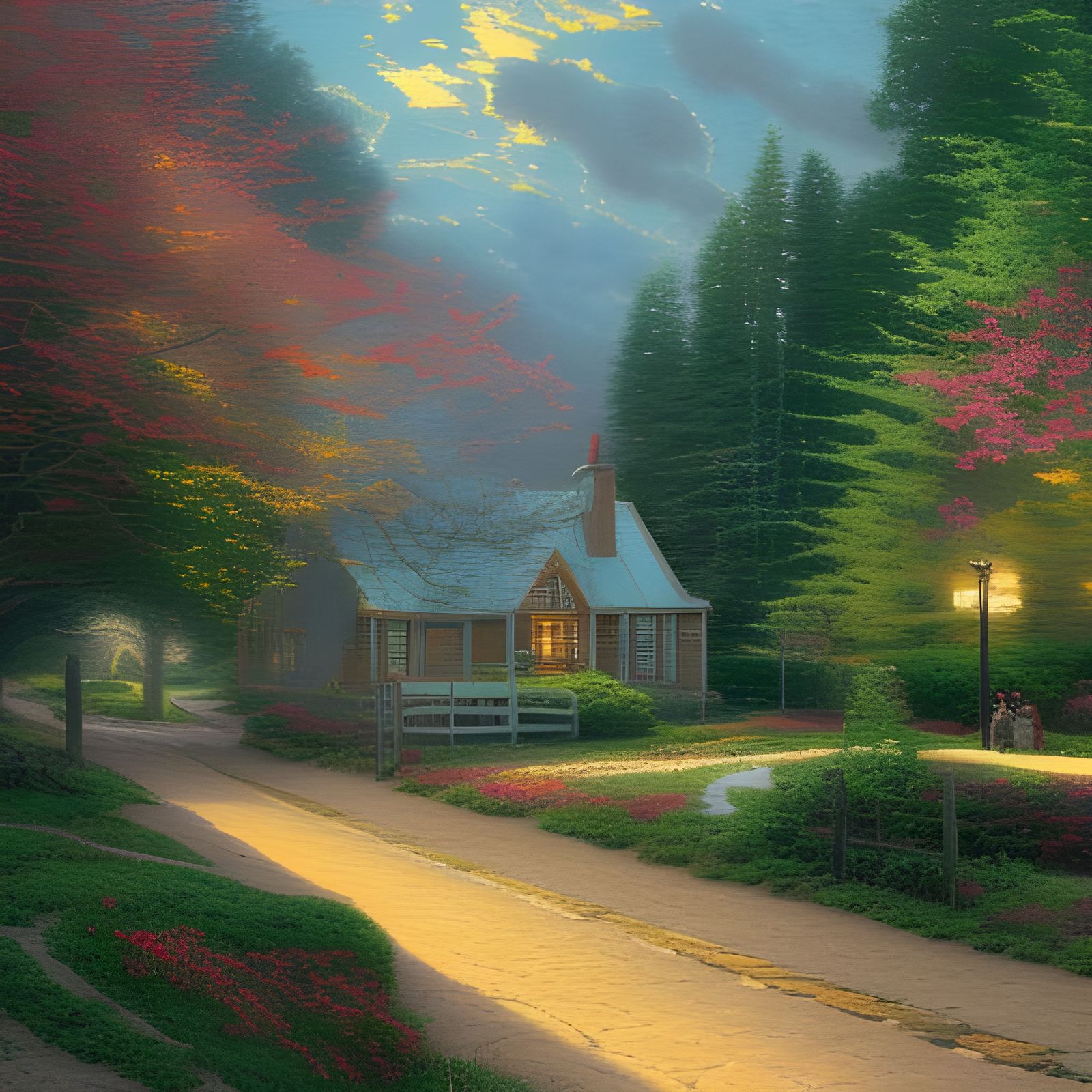 New England Village in Thomas Kinkade Style