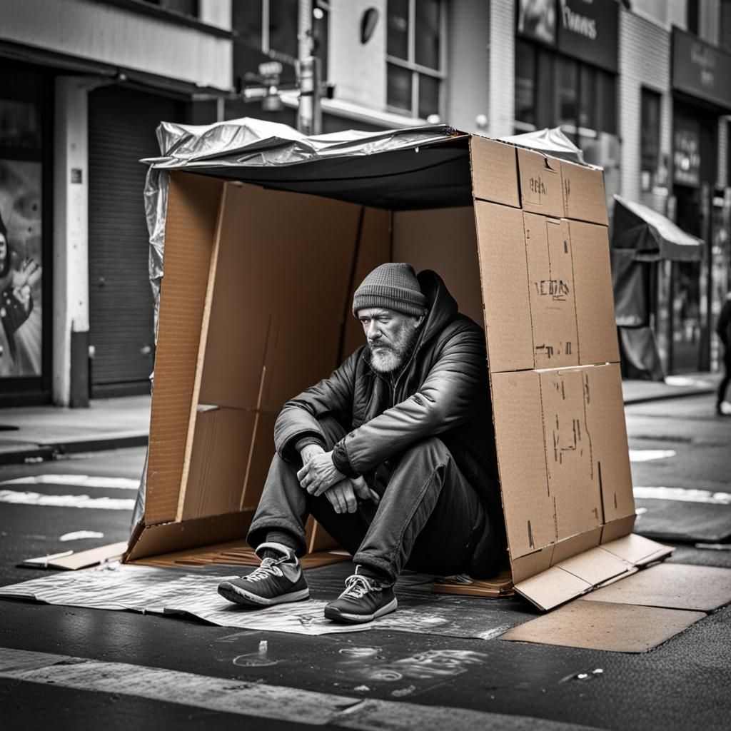 Homeless Man in Shelter: Hyperrealistic Street Scene