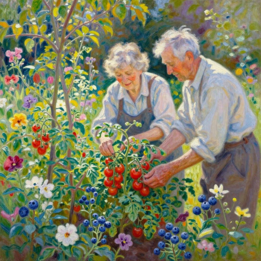 Elderly Couple Tends Vibrant Garden in Impressionistic Style