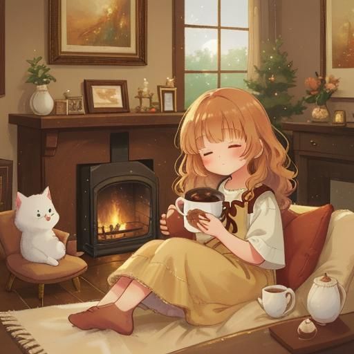 Cozy Couple Snuggled by Fireplace: Impressionist Oil Paintin...