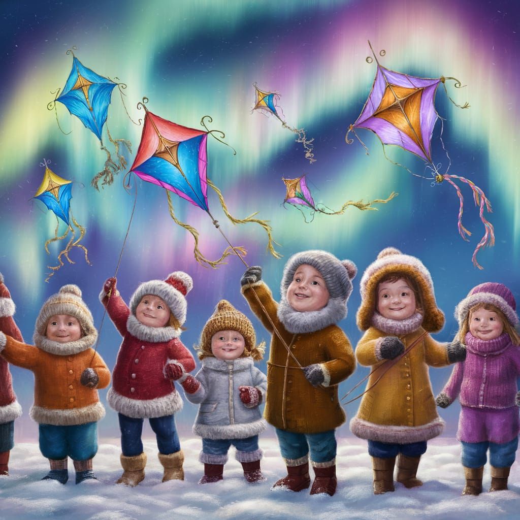Children Flying Kites Under Aurora Borealis
