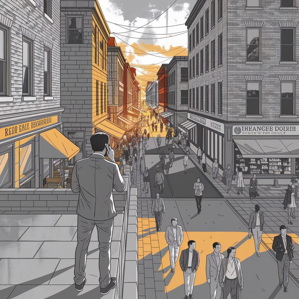 Bustling City Street Scene in Golden Hour Light