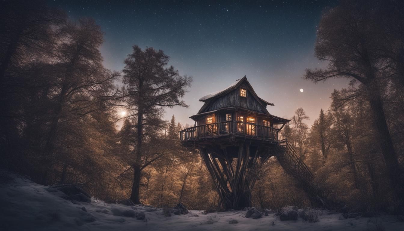 A tree house cabin in the woods