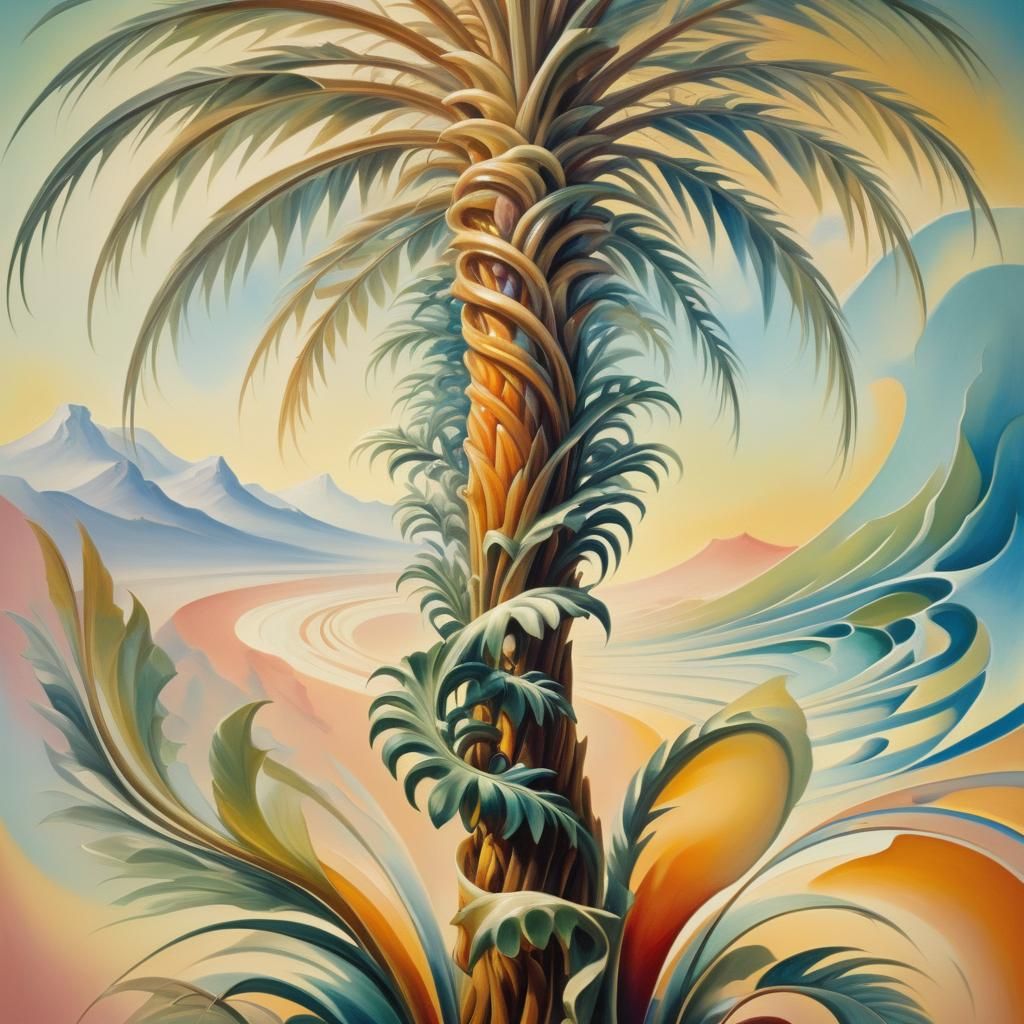 Surreal Palm Tree with Infinite Spiral Leaves