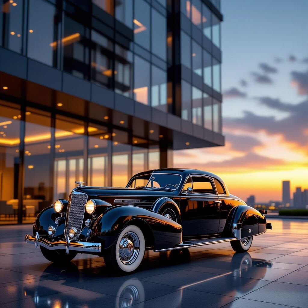 1936 Cadillac Coupe Meets Modern Skyscraper at Golden Hour