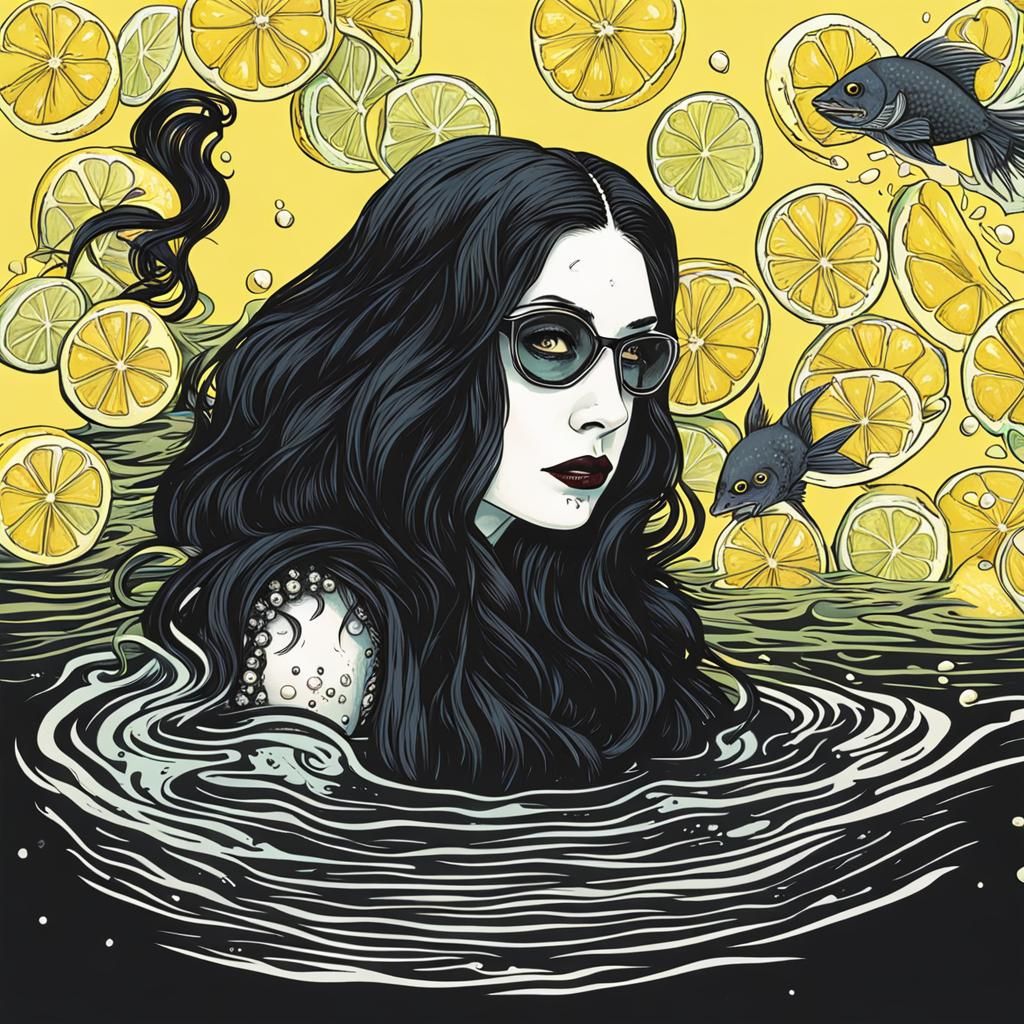 Goth Woman Swimming in Lemonade