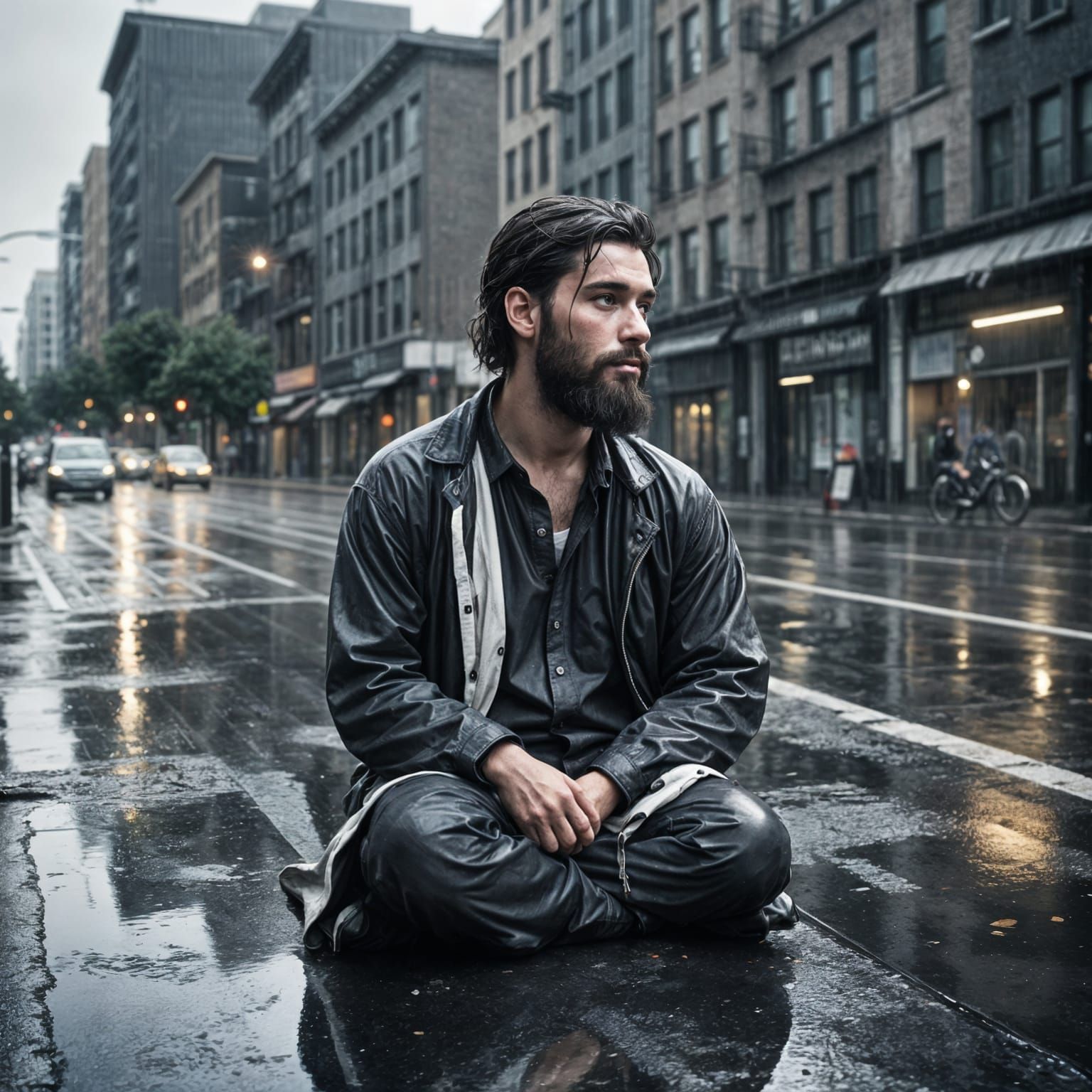 Man in Abandoned City on Rainy Day