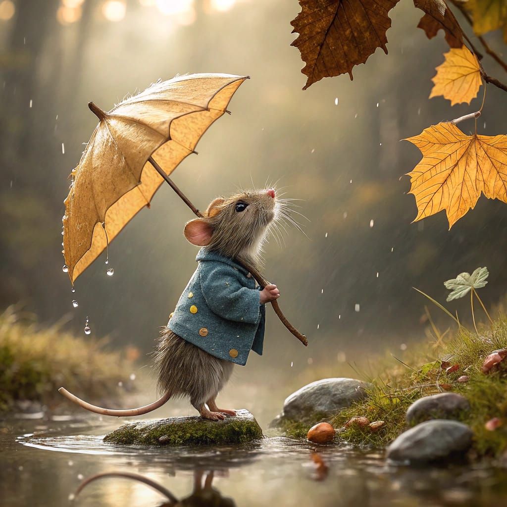 Mouse in Enchanted Forest with Leaf Umbrella