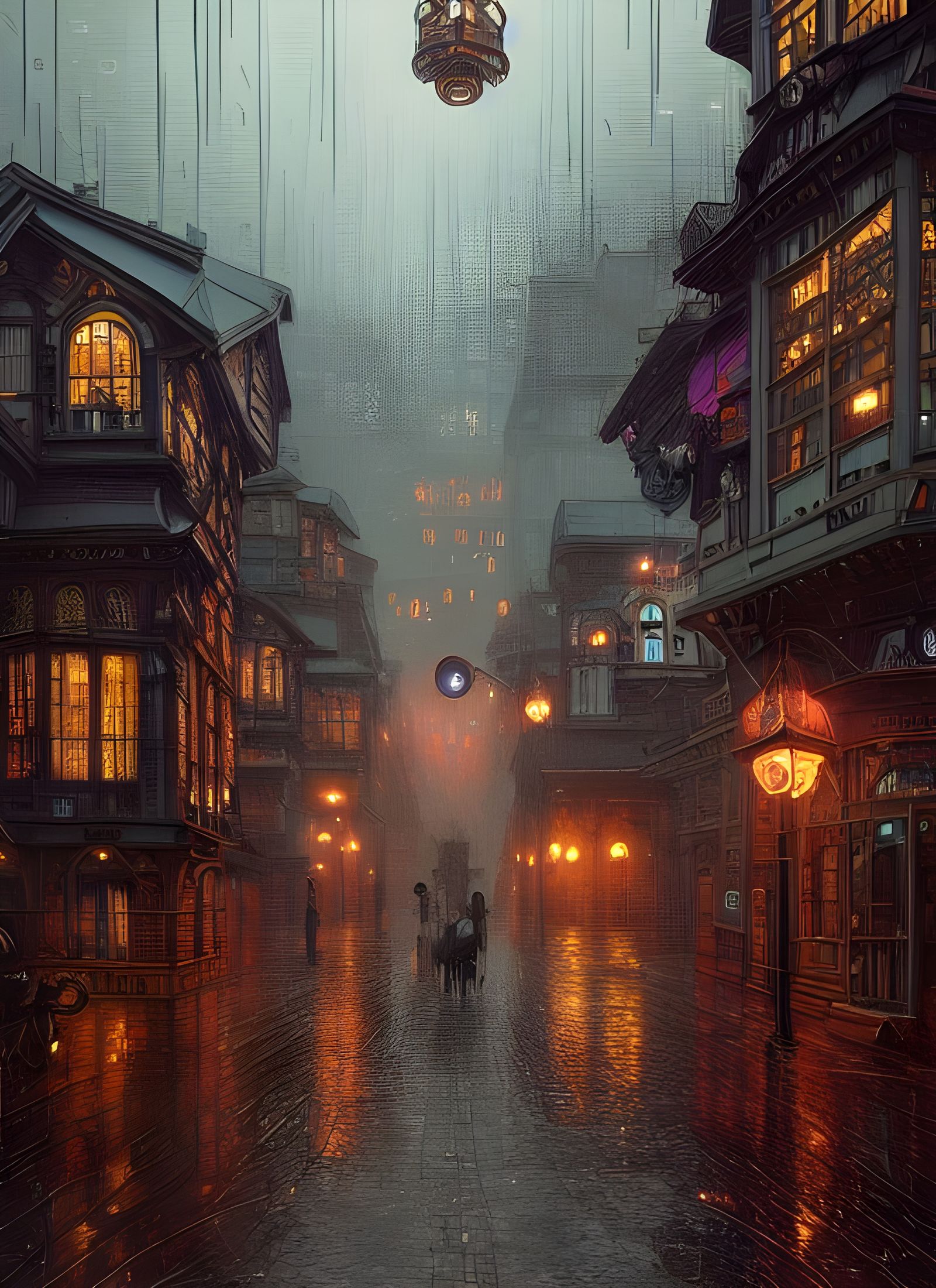 Steampunk City in Victorian Style Rainy Day