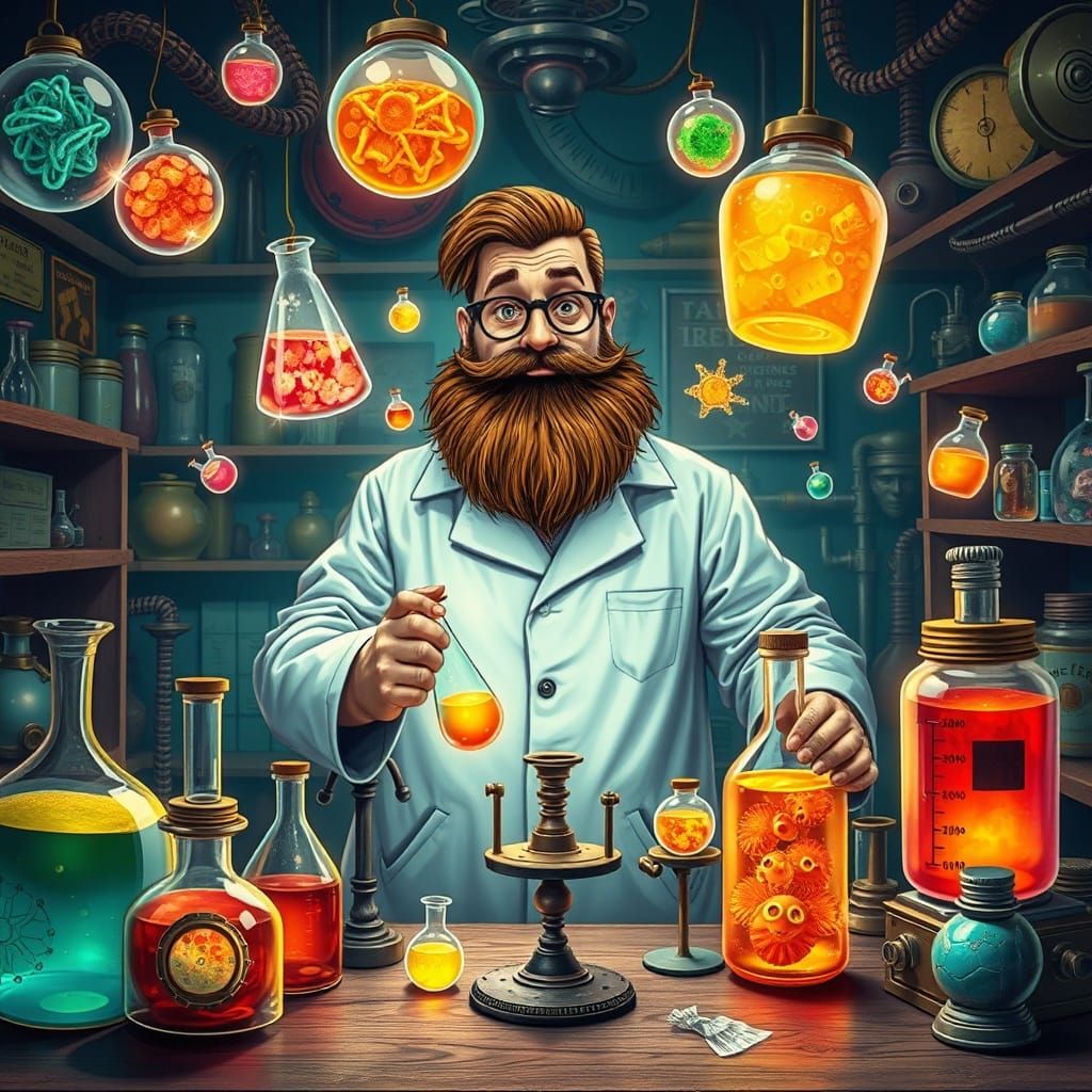 Chubby Scientist with Sentient Jam Jars in Psychedelic Lab