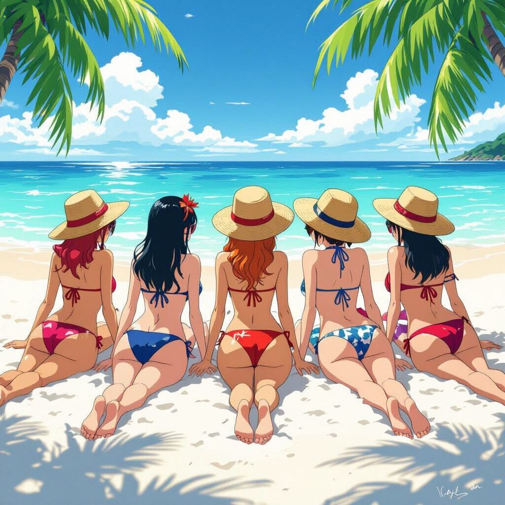 Anime Girls on Tropical Beach in Vibrant Style
