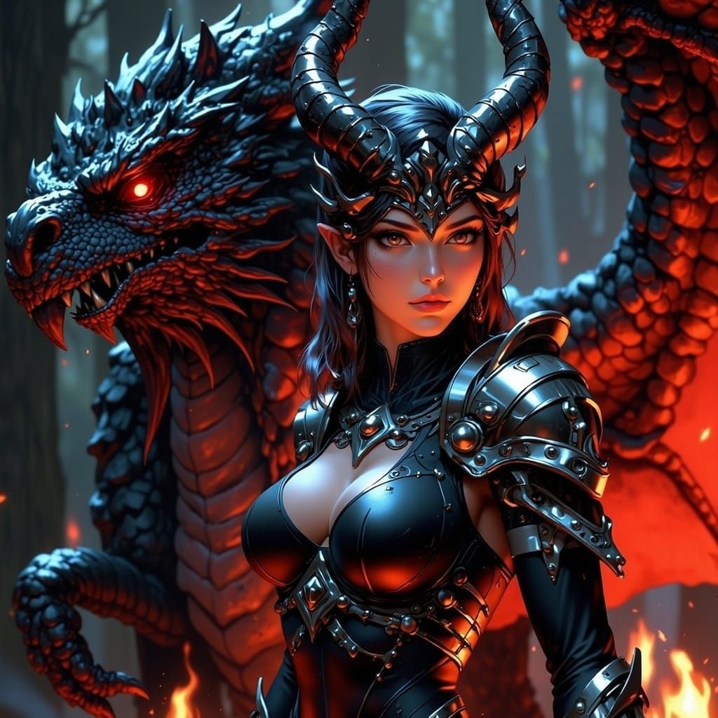 Dragon Warrior Woman with Glowing Red Eyes