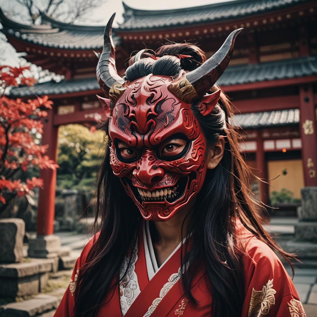 Japanese Woman in Oni Mask: Cinematic Film Still
