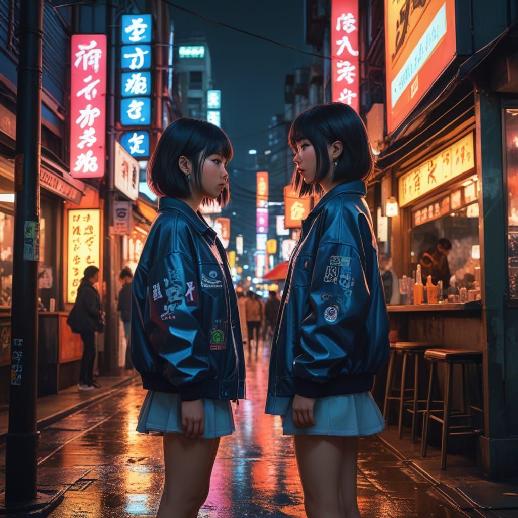 Vibrant Tokyo Nightlife Scene in Bold Street Art Style