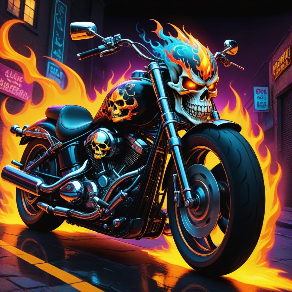 Ed Hardy Style Ghostrider on Motorcycle in Neon Alley