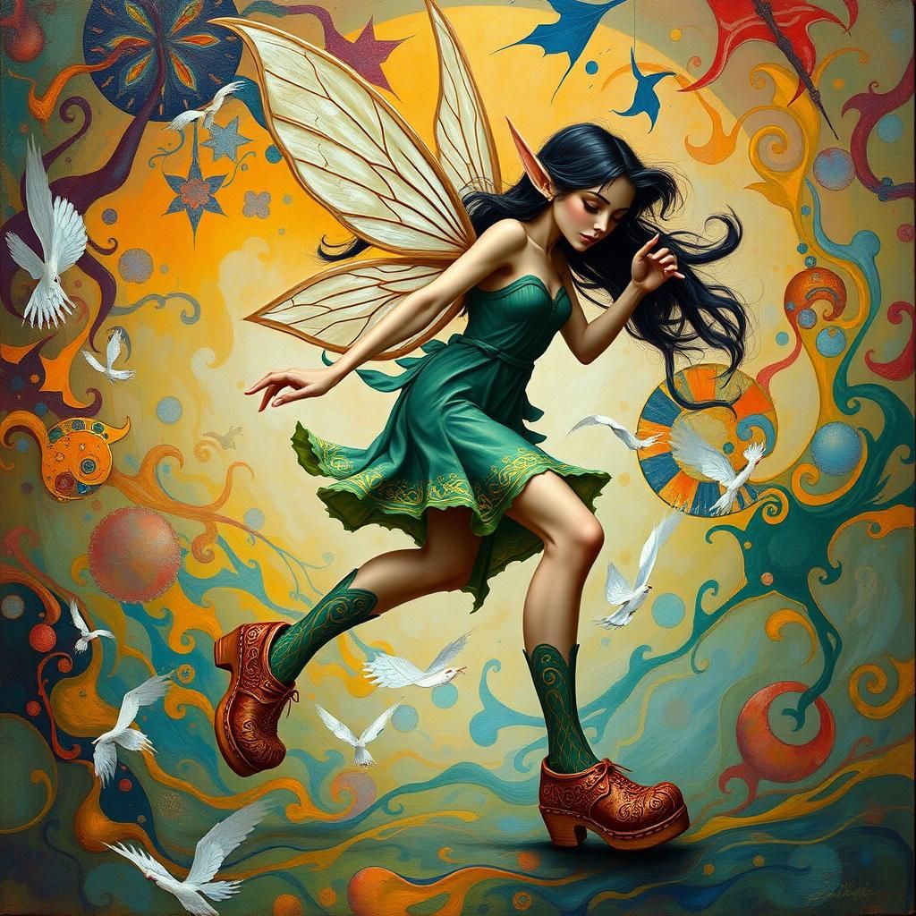 Fairy Elf Dances in Holland Clogs as Impasto Painting
